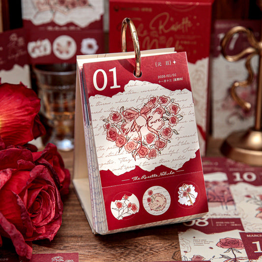 2026 Cute Cat / Romantic Rose 365-Day Desk Calendar