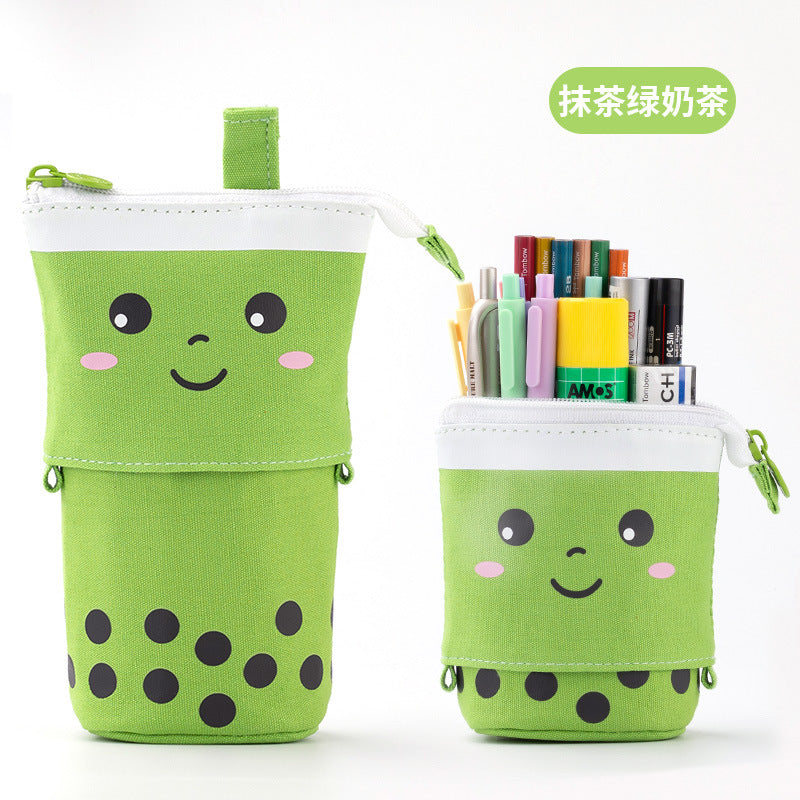 Multi-functional Cute Milk Tea Pop Up Canvas Telescopic Pencil Bag Pen Holder Pencil Pouch Organizer