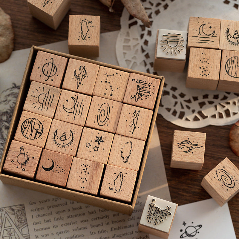 16pcs Moon & Sixpence / Planet / Butterfly / Mountain & Sea Beech Wood Stamp Set
