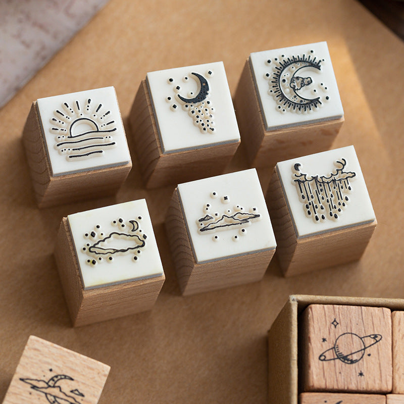 16pcs Moon & Sixpence / Planet / Butterfly / Mountain & Sea Beech Wood Stamp Set