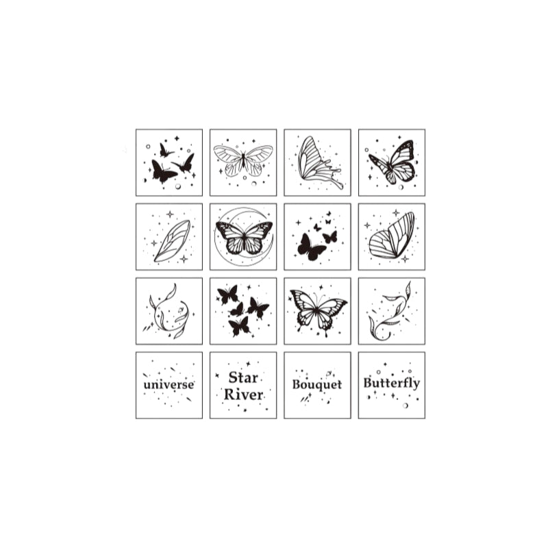 16pcs Moon & Sixpence / Planet / Butterfly / Mountain & Sea Beech Wood Stamp Set