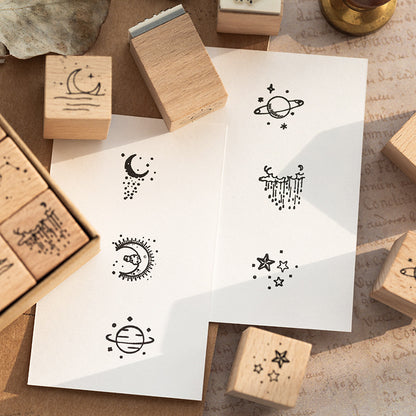 16pcs Moon & Sixpence / Planet / Butterfly / Mountain & Sea Beech Wood Stamp Set