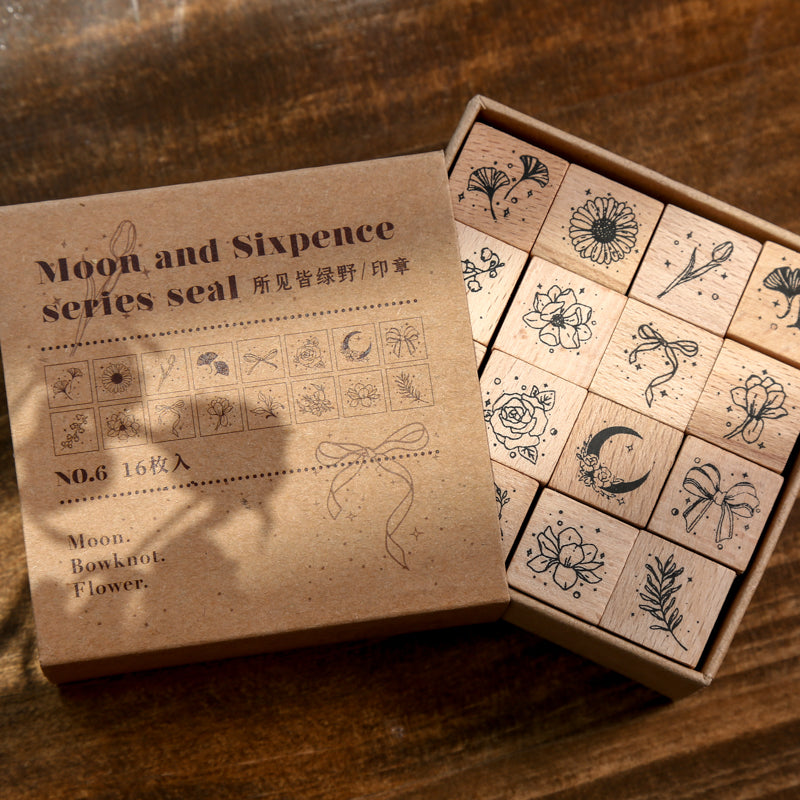 16pcs Moon & Sixpence / Planet / Butterfly / Mountain & Sea Beech Wood Stamp Set