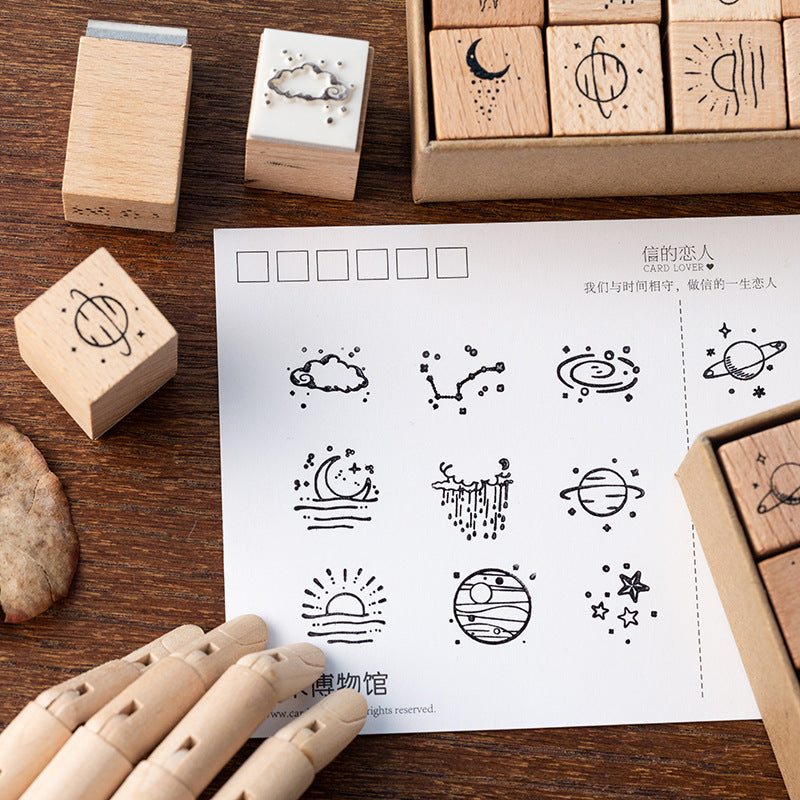 16pcs Moon & Sixpence / Planet / Butterfly / Mountain & Sea Beech Wood Stamp Set