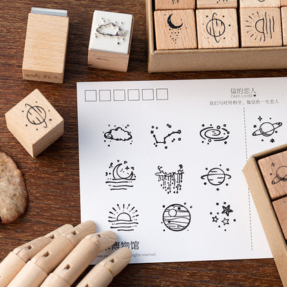 16pcs Moon & Sixpence / Planet / Butterfly / Mountain & Sea Beech Wood Stamp Set