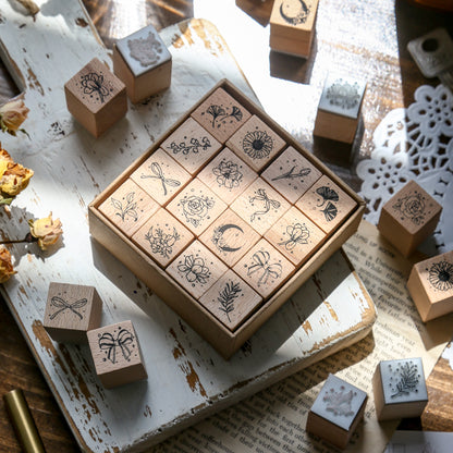 16pcs Moon & Sixpence / Planet / Butterfly / Mountain & Sea Beech Wood Stamp Set