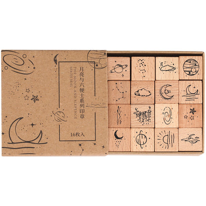 16pcs Moon & Sixpence / Planet / Butterfly / Mountain & Sea Beech Wood Stamp Set