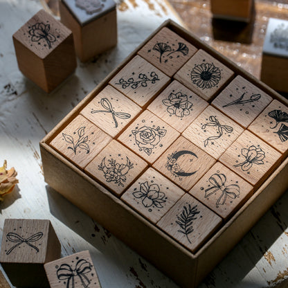 16pcs Moon & Sixpence / Planet / Butterfly / Mountain & Sea Beech Wood Stamp Set
