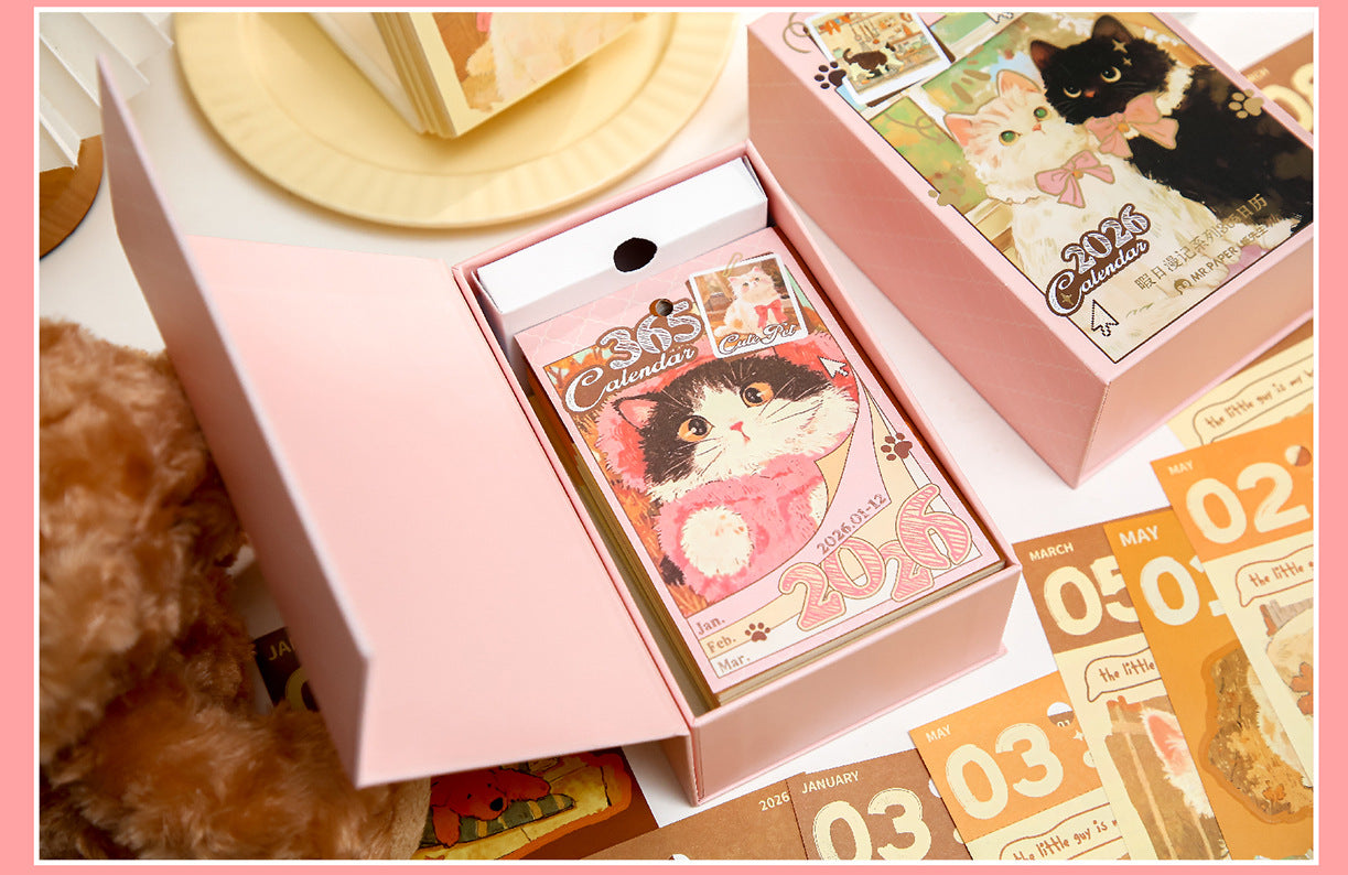 2026 Cute Cat / Romantic Rose 365-Day Desk Calendar