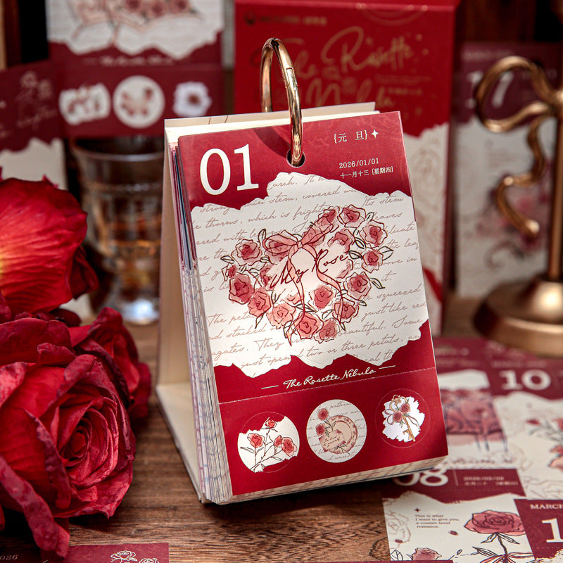 2026 Cute Cat / Romantic Rose 365-Day Desk Calendar