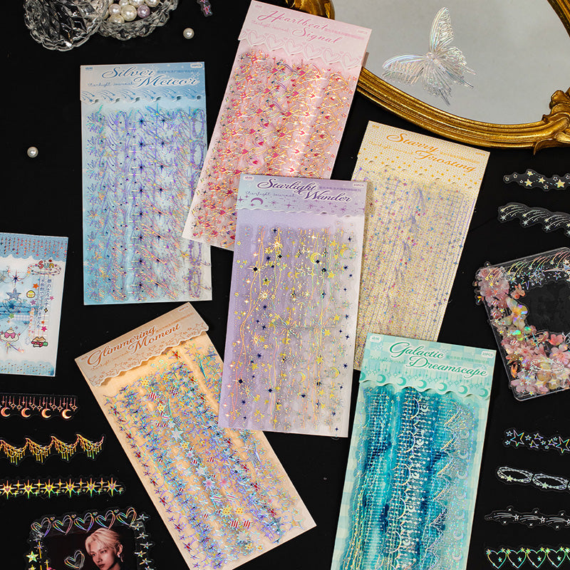 20pcs Laser Silver Stamping Starlight Long Strip Waterproof PET Stickers