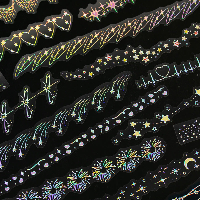 20pcs Laser Silver Stamping Starlight Long Strip Waterproof PET Stickers