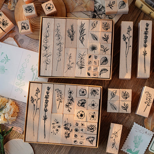 22pcs Leaves & Flowers Plant Wooden Stamp Set
