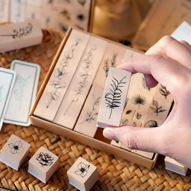 22pcs Leaves & Flowers Plant Wooden Stamp Set