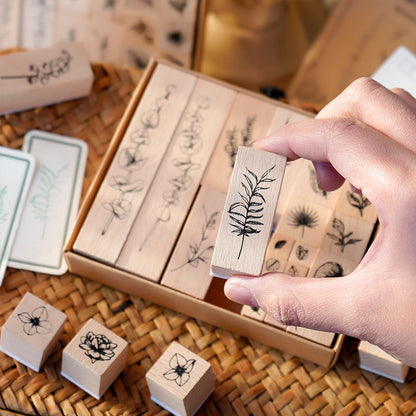 22pcs Leaves & Flowers Plant Wooden Stamp Set