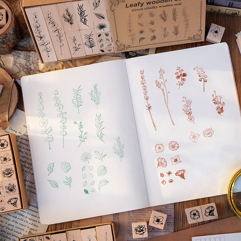 22pcs Leaves & Flowers Plant Wooden Stamp Set
