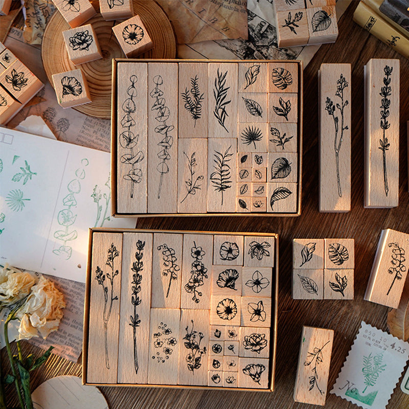 22pcs Leaves & Flowers Plant Wooden Stamp Set