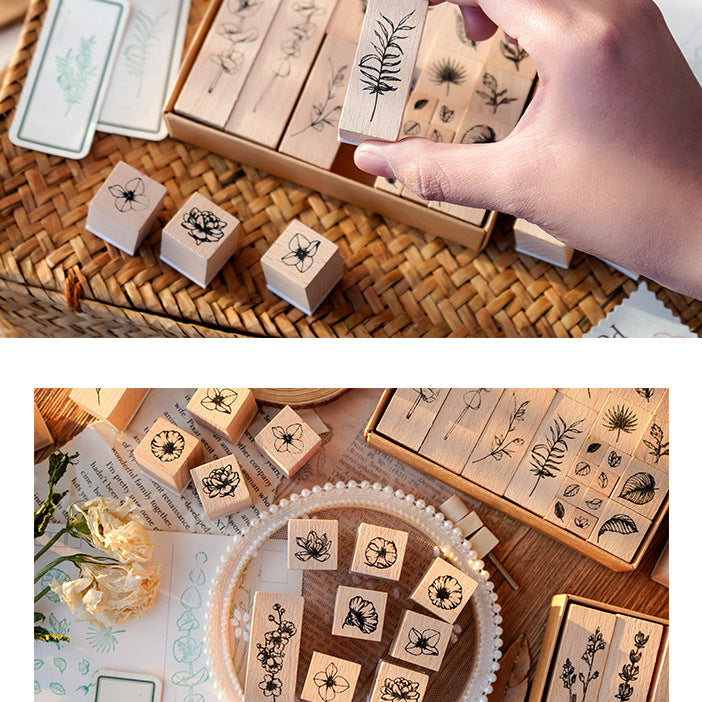22pcs Leaves & Flowers Plant Wooden Stamp Set
