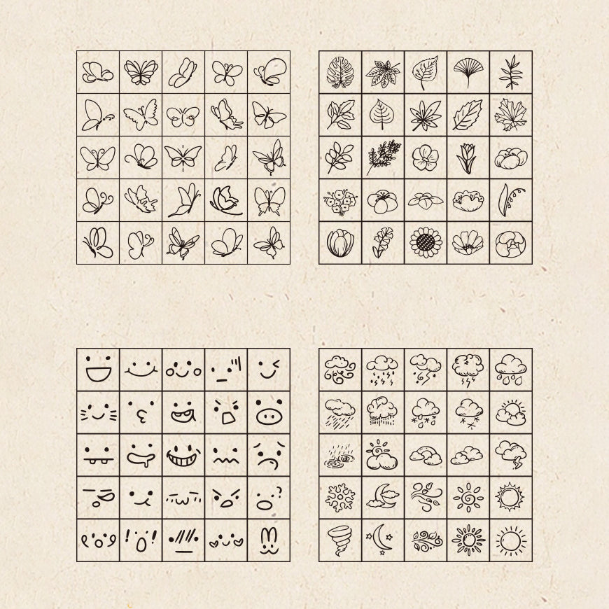 25pcs Weather / Emoji / Plants / Weather Mini Beech Wood Stamp Set