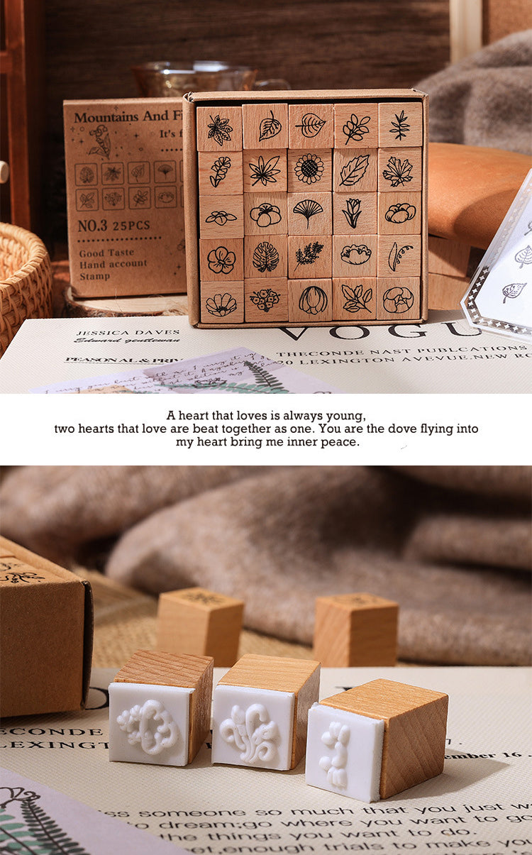 25pcs Weather / Emoji / Plants / Weather Mini Beech Wood Stamp Set