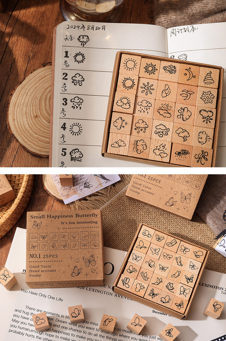 25pcs Weather / Emoji / Plants / Weather Mini Beech Wood Stamp Set