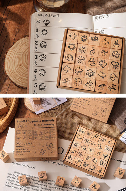 25pcs Weather / Emoji / Plants / Weather Mini Beech Wood Stamp Set