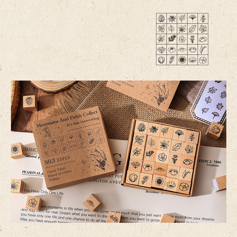 25pcs Weather / Emoji / Plants / Weather Mini Beech Wood Stamp Set