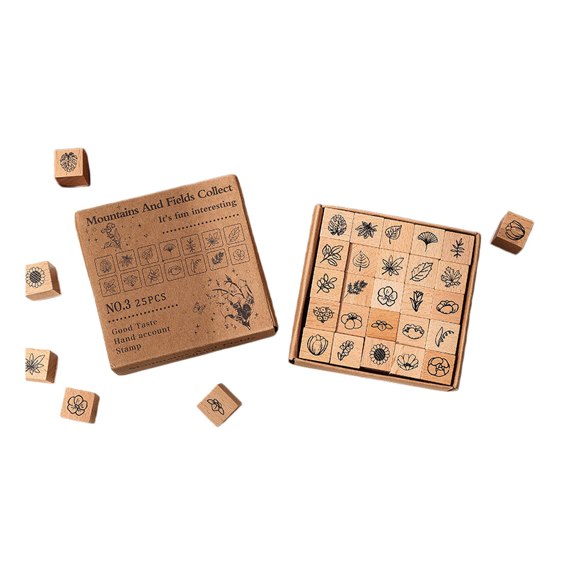 25pcs Weather / Emoji / Plants / Weather Mini Beech Wood Stamp Set