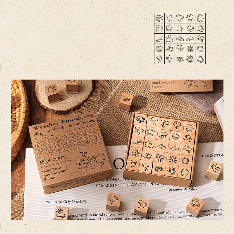25pcs Weather / Emoji / Plants / Weather Mini Beech Wood Stamp Set