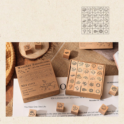 25pcs Weather / Emoji / Plants / Weather Mini Beech Wood Stamp Set