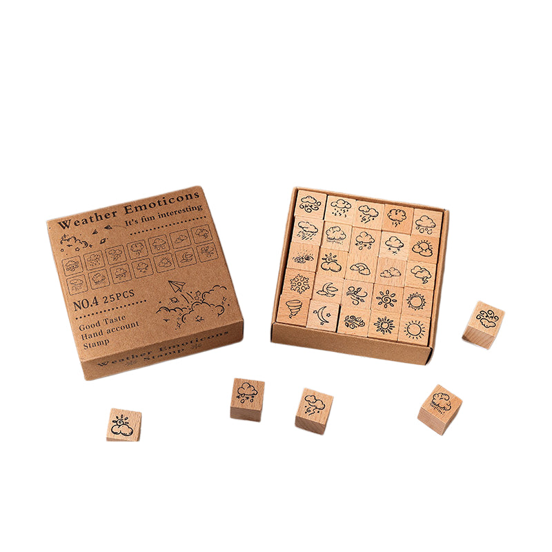25pcs Weather / Emoji / Plants / Weather Mini Beech Wood Stamp Set