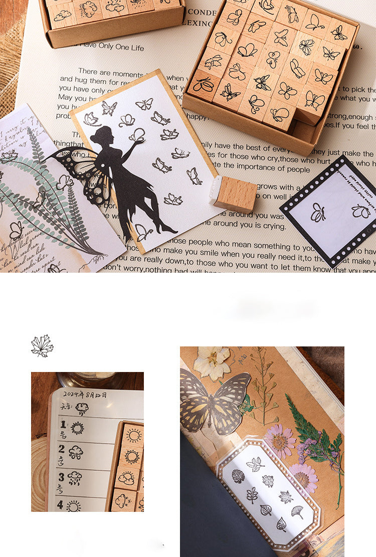 25pcs Weather / Emoji / Plants / Weather Mini Beech Wood Stamp Set