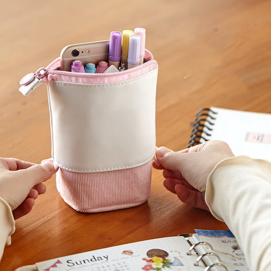 Korean Style Contrast Color Pop-Up Corduroy Pencil Case & Pen Holder Makeup Pouch