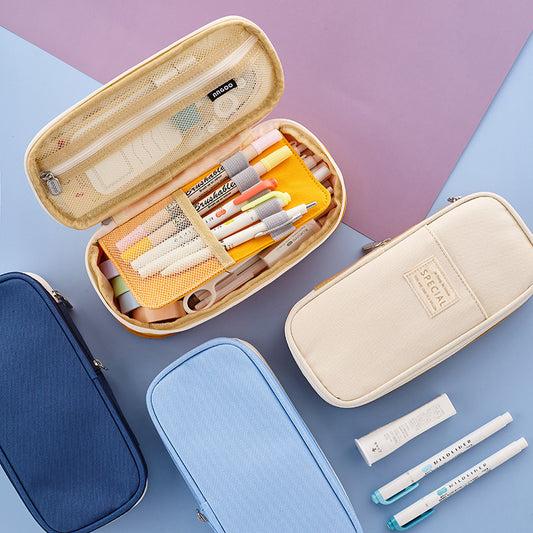 Large Capacity Macaron Color Canvas Pencil Pen Case Pen Holder Organizer