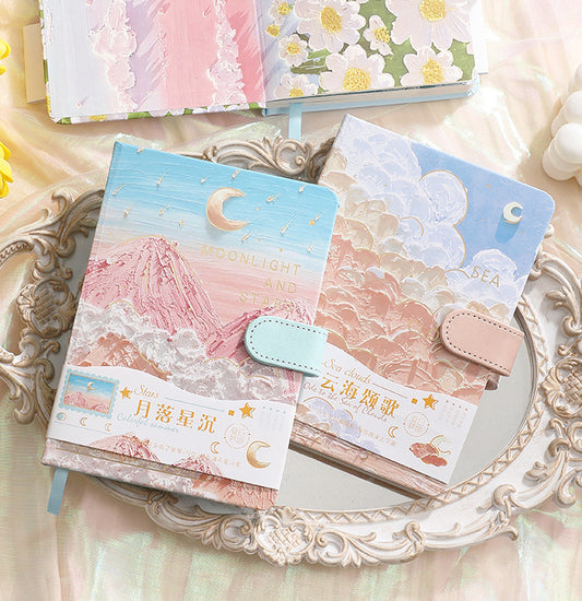 Mountains Stars Moon Flowers Oil Painting Full-Color Journal & Pen Gift Set