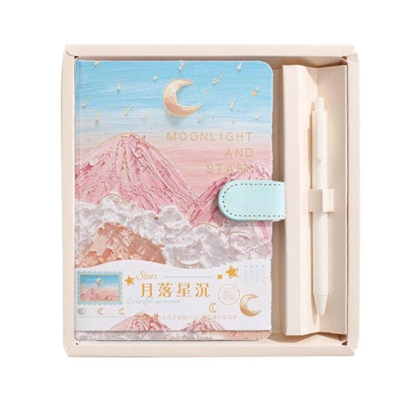 Mountains Stars Moon Flowers Oil Painting Full-Color Journal & Pen Gift Set