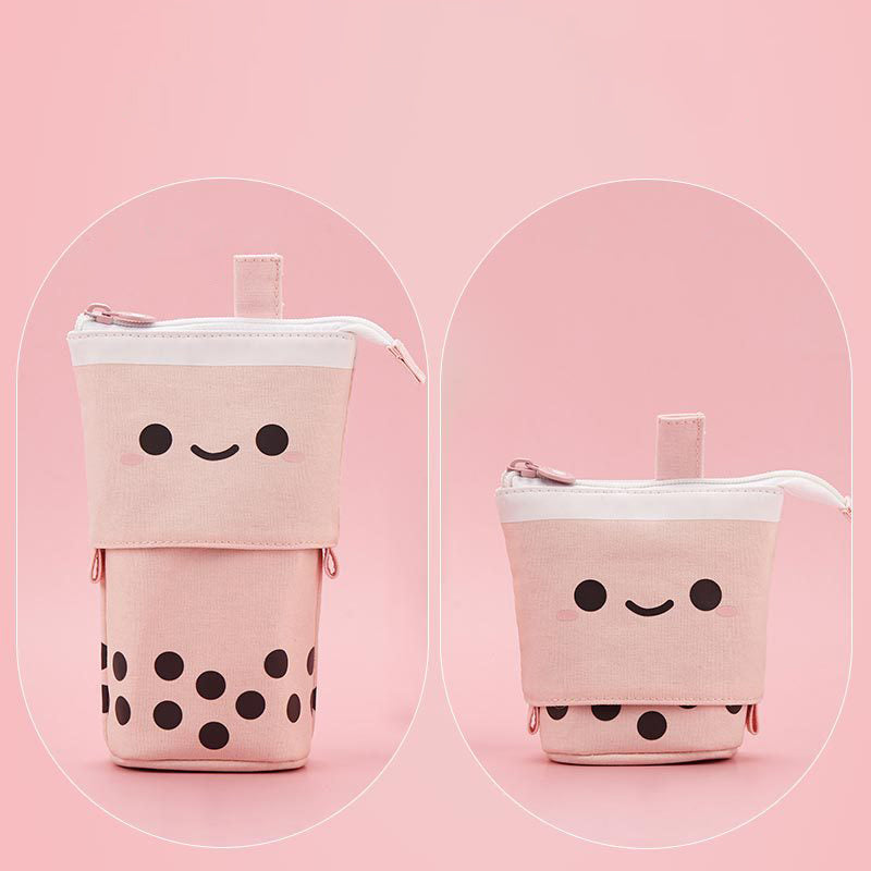 Multi-functional Cute Milk Tea Pop Up Canvas Telescopic Pencil Bag Pen Holder Pencil Pouch Organizer