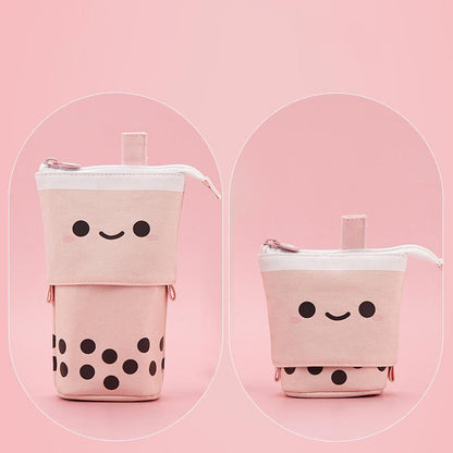 Multi-functional Cute Milk Tea Pop Up Canvas Telescopic Pencil Bag Pen Holder Pencil Pouch Organizer