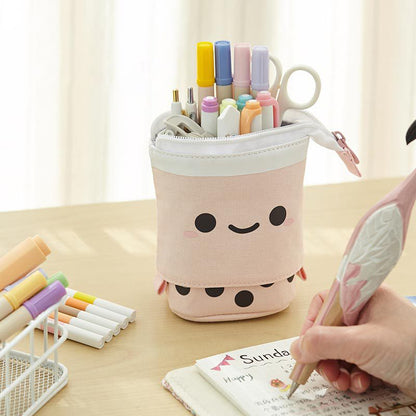 Multi-functional Cute Milk Tea Pop Up Canvas Telescopic Pencil Bag Pen Holder Pencil Pouch Organizer