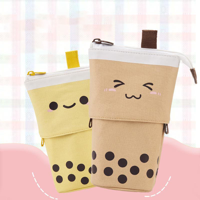 Multi-functional Cute Milk Tea Pop Up Canvas Telescopic Pencil Bag Pen Holder Pencil Pouch Organizer