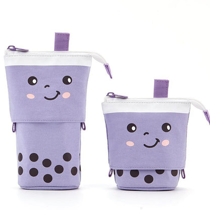 Multi-functional Cute Milk Tea Pop Up Canvas Telescopic Pencil Bag Pen Holder Pencil Pouch Organizer