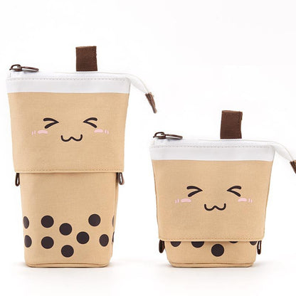 Multi-functional Cute Milk Tea Pop Up Canvas Telescopic Pencil Bag Pen Holder Pencil Pouch Organizer