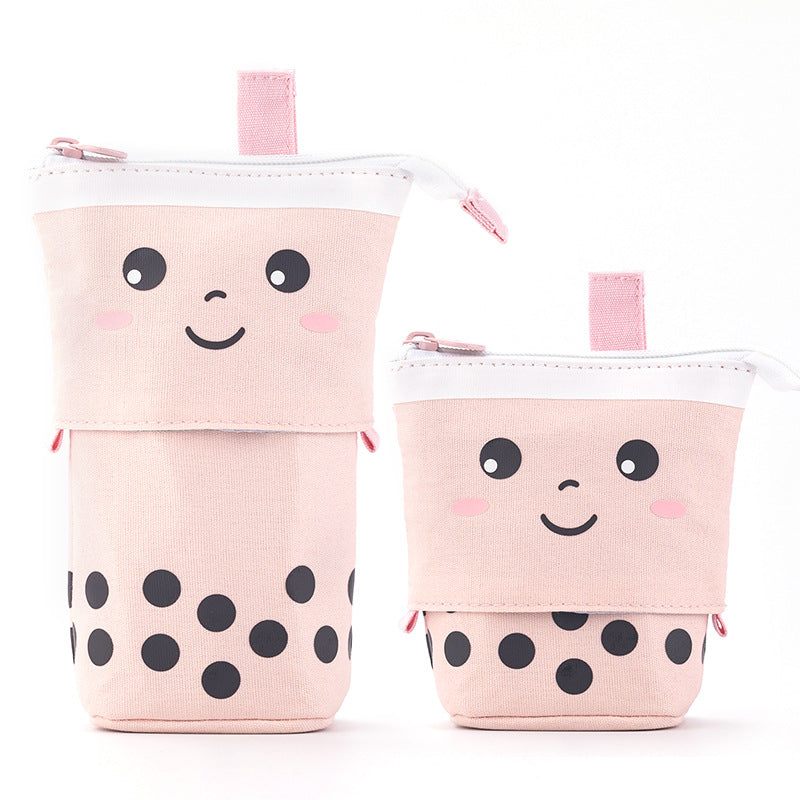 Multi-functional Cute Milk Tea Pop Up Canvas Telescopic Pencil Bag Pen Holder Pencil Pouch Organizer